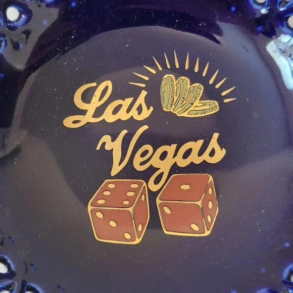 Vintage Las Vegas Ashtray Bowl 5 1/2" Blue Gold Dice - Picture 2 of 3
